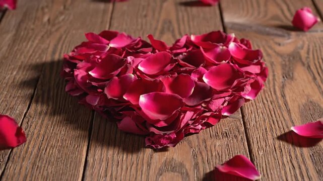 Romantic red rose petals arranged in a heart shape on rustic wooden surface symbolizing love affection Valentine s Day and heartfelt emotions for design projects