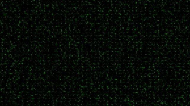 Matrix code rain animation sequence with green binary code on a black background display