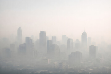 Naklejka premium Urban Cityscape Shrouded in Thick Smog and Air Pollution with Skyscrapers