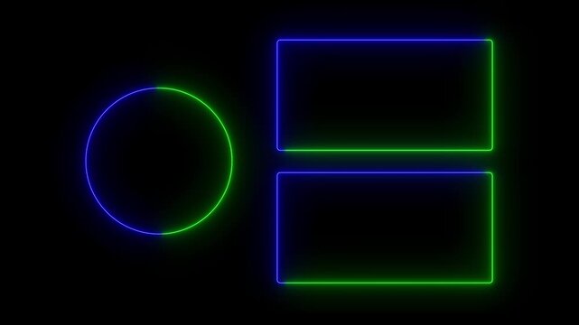 Double green and blue color glowing Neon End Screen Frame Isolated Black Background, Seamless Loop. Animation of rectangle glowing neon frame background. Neon abstract rectangle shape line animation