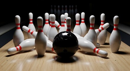 A striking bowling scene with pins scattered after impact from a black ball on a wooden lane