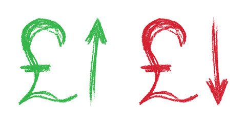 Hand drawn british pound currency symbol Growth and fall profit with arrow up and down Brush stroke doodle Element for design © Daria Shane