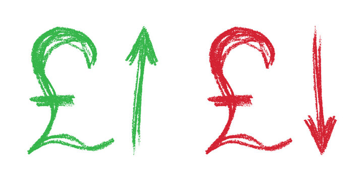 Hand drawn british pound currency symbol Growth and fall profit with arrow up and down Brush stroke doodle Element for design
