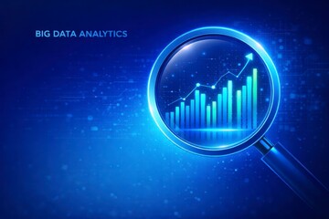 Big data analytics concept with magnifying glass and growing graph on blue background  business intelligence and data analysis JPG image