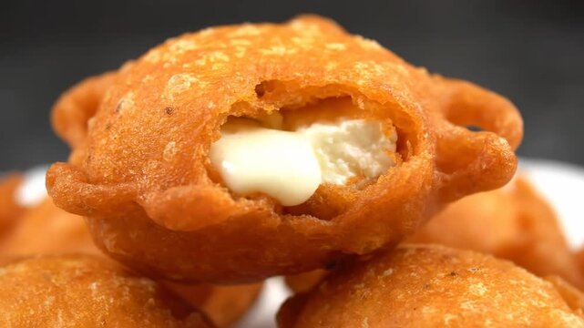 Macro Shot of Bright Orange Deep-Fried Fritter or Indian Sweet Snack Displaying Crispy Texture and Rich Color Against a Dark Background