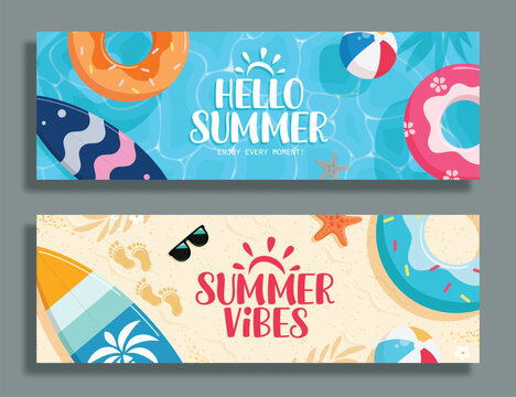 Hello Summer vibes greeting clipart banner set. Summer Time typography text in sea shore and swimming pool background with tropical decoration elements clip art for seasonal poster template collection