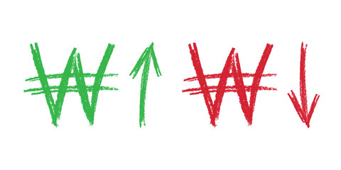 Hand drawn won currency symbol Growth and fall profit with arrow up and down Brush stroke doodle Element for design © Daria Shane