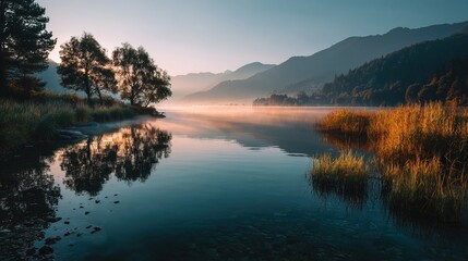 Serene Landscape of Lakeside Trees Reflected in Still Water at Dawn