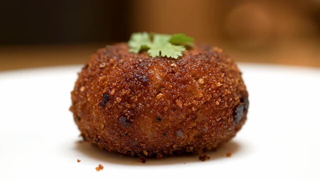 Close-up of a crispy deep-fried savory croquette, arancini, or kofta, garnished with a fresh cilantro leaf on a white plate, emphasizing texture and golden-brown coating.