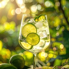 Crystal glass cocktail with lime slices and ice, outdoor background