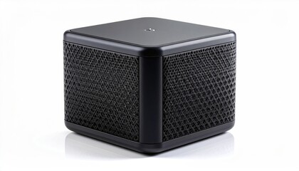 A modern black cube device with a unique mesh design on the sides