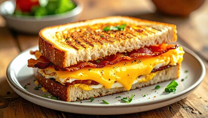 Grilled cheese and bacon sandwich on a plate, close up shot
