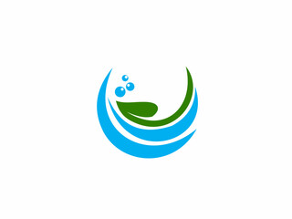 Obraz premium Eco-friendly water wave and green leaf logo design vector template.
