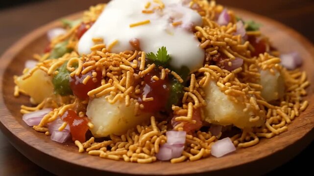 Delicious close-up of authentic Indian Aloo Chaat topped with sev, creamy dahi (yogurt), and sweet and spicy chutneys served on a rustic wooden plate