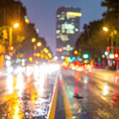 Rainy night city scene with lights, reflections, and blurred car traffic
