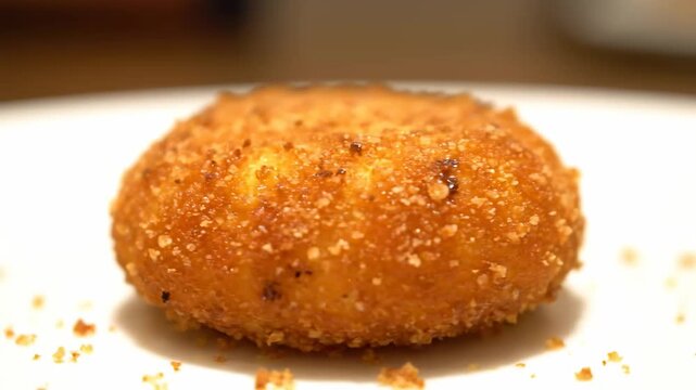Close-up Macro Shot of a Single Deep Fried Golden Croquette or Arancini Ball on White Plate, Highlighting the Crispy Breadcrumb Coating Texture
