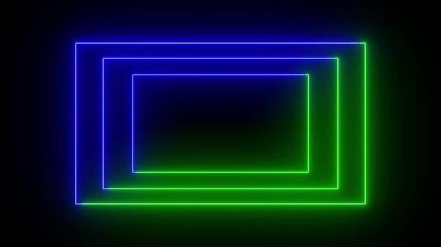 Abstract glowing neon green  and blue color rectangle border frame. Animated Rectangle neon glowing frame background. Colorful laser show seamless loop 4K border.