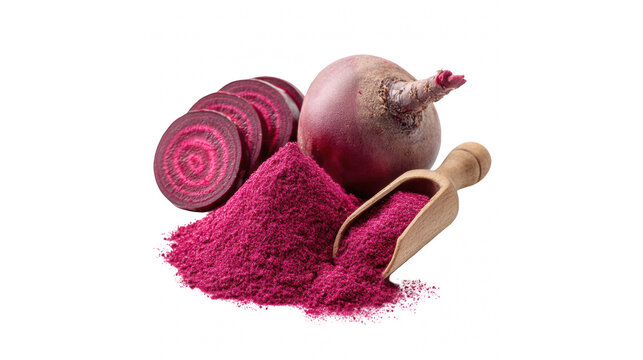 Fresh whole beetroot with slices and a pile of organic beetroot powder on white background