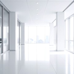 Bright, minimalist office hallway with large windows and tiled floor
