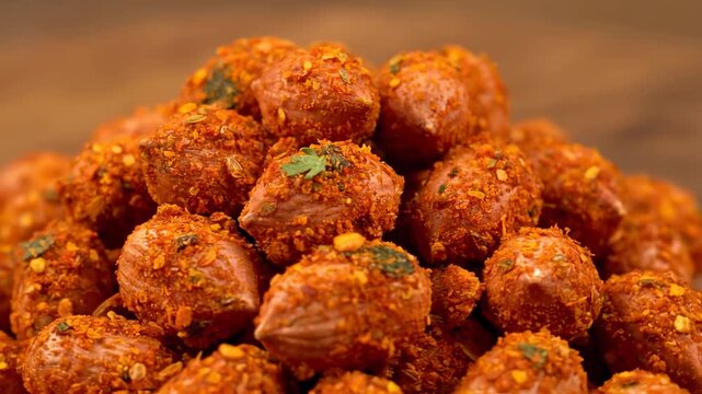 Extreme close-up of delicious Indian Masala Peanuts snack piled high, coated with spicy chili powder and herbs on a rustic wooden background.