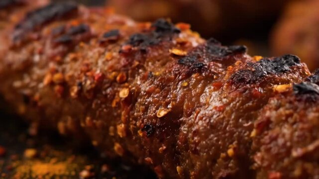 Macro close-up shot of a richly seasoned, spicy seekh kebab on a skewer, showcasing the textured surface dusted with vibrant red chili flakes and yellow spices on dark background.