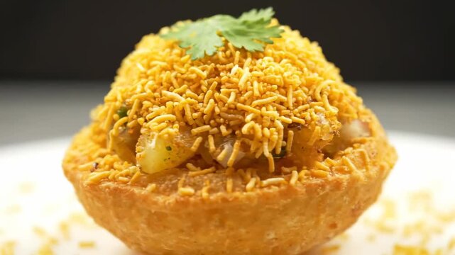 Delicious and Crunchy Katori Chaat (Basket Chaat), popular Indian street food made with fried potato basket, savory filling, and generous topping of crispy sev noodles.