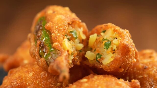 Extreme Close-up of Crispy Mirchi Bajji (Chili Fritter), a Popular Indian Street Food Snack Made from Deep-Fried Chili Peppers Coated in Golden Chickpea Batter