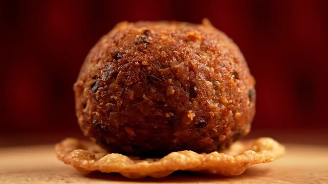 Extreme close-up macro shot of a single golden brown textured deep-fried appetizer ball, such as a kofta or meatball, resting on a crispy cracker base with a dramatic red background.
