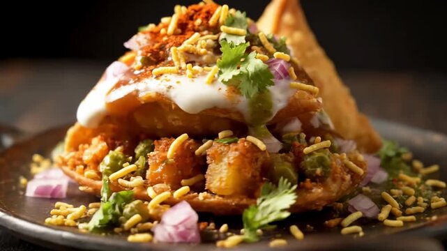 Delicious Samosa Chaat served in close-up, topped with dahi (yogurt), sweet tamarind chutney, spicy green chutney, sev, and chili powder. Popular Indian street food snack.