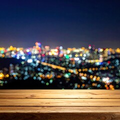 Wooden surface in foreground with blurry city lights at night