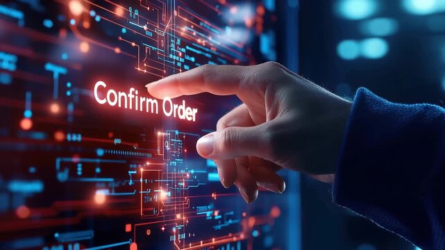Hand Interacts with Digital Interface Confirm Order Button on Futuristic Display with Glowing Red Circuit Patterns, Symbolizing Technology and Online Transactions in High Tech Environment