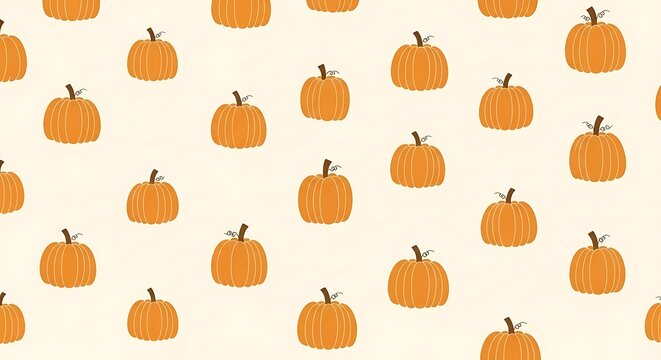 A charming pattern of small, orange pumpkins is scattered across a soft, light beige background.