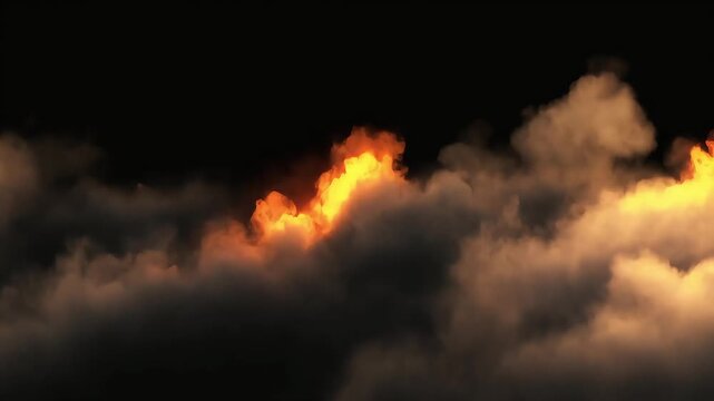 Dense rolling smoke with emerging fire glow on black background. Dramatic cinematic combustion scene for action trailers, disaster concept and 4K loop backdrop.