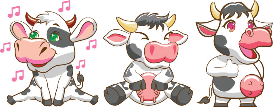 Three cartoon cows are singing with musical notes surrounding their cheerful faces