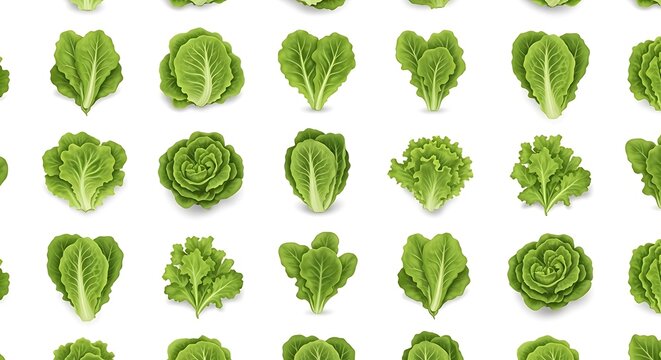 A crisp pattern of various fresh green lettuce leaves on a clean white background.