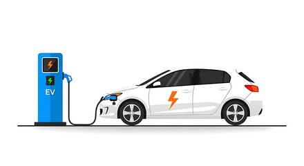 A white electric car charging at a blue station, on a white background