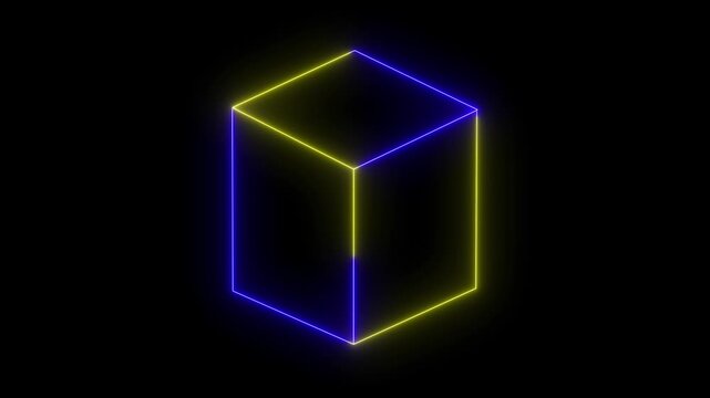 Glowing looping pentagonal neon square frame effect, black background. Technology Sign, Colorful Neon Figure On Black Background. neon glowing square concept.