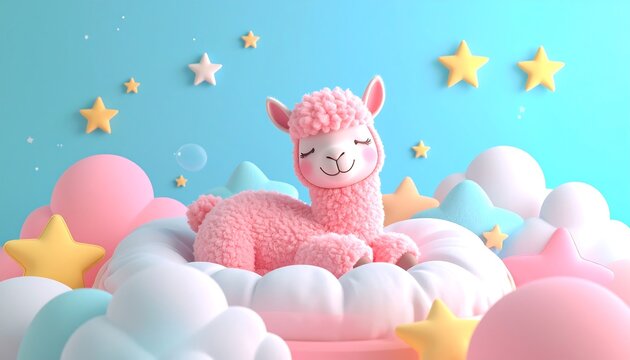 Cute pink alpaca cartoon snuggled in a fluffy bed surrounded by plush toys and stars, cozy bedtime illustration perfect for kids, sleep, and sweet dream themes.