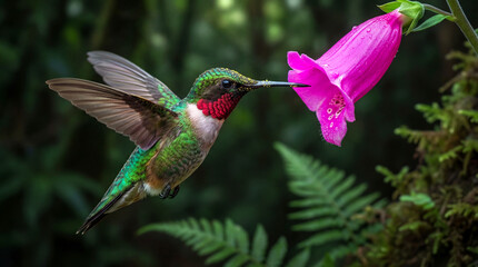 Fototapeta premium Ruby-throated Hummingbird in flight, feeding nectar from a vibrant magenta flower in lush rainforest for wildlife photography, nature close-ups, tropical bird, and pollination content.