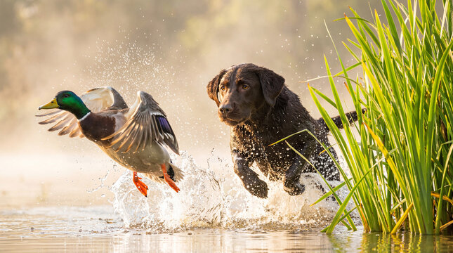Chocolate Labrador lunging water, Mallard duck taking off with huge splash in morning mist pond for gundog training blogs, wildlife photography content, and nature magazine features.