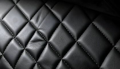 Close-up of black diamond-stitched leather upholstery with subtle texture and stitching