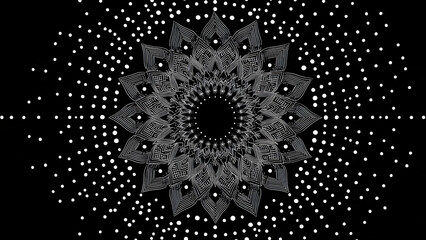 Naklejka premium Design an abstract swirling vortex pattern in black-white using dense halftone dots that spiral inward on a seamless dotted background