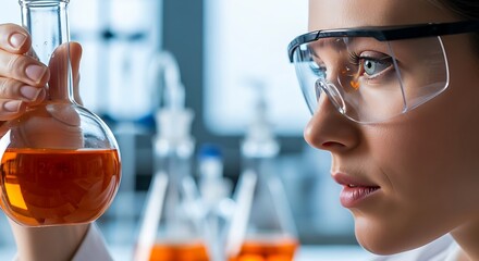 A woman scientist with safety glasses examines a flask with orange liquid in a lab setting