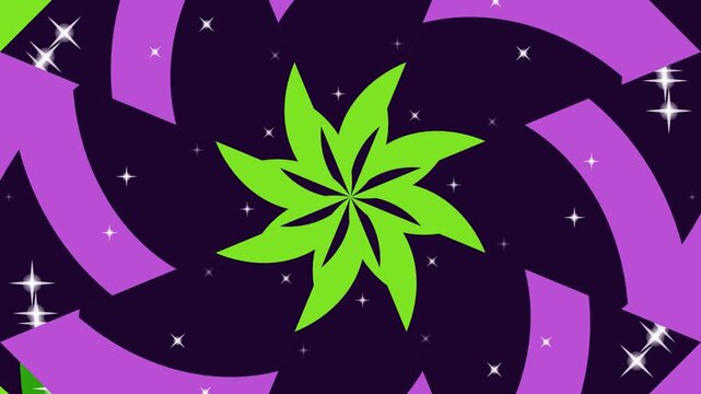 A vibrant green floral starburst kaleidoscope pattern with purple accents and tiny sparkles.