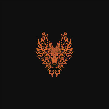Symmetrical orange engraving of a majestic wolf head with flowing flame-like fur patterns, a mystical animal totem illustration isolated on a solid black background.