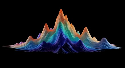 Abstract 3D color waves, resembling mountains, on black background, conveying data visualization