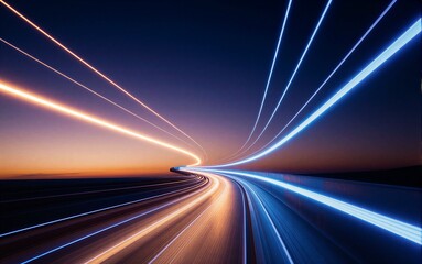 Obraz premium Night highway streaks light trails blue and orange beams converge