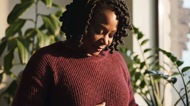 Woman in sweater gently touching her belly