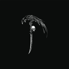 Fototapeta premium Gothic style hand-drawn engraving of a black raven perched on a curved scythe blade with a human skull, dark occult concept on black background.