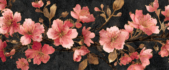 Luxury cherry blossom satin fabric mockup, seamless floral repeat over deep charcoal with glowing gold foil details, watercolor blooms, 32k